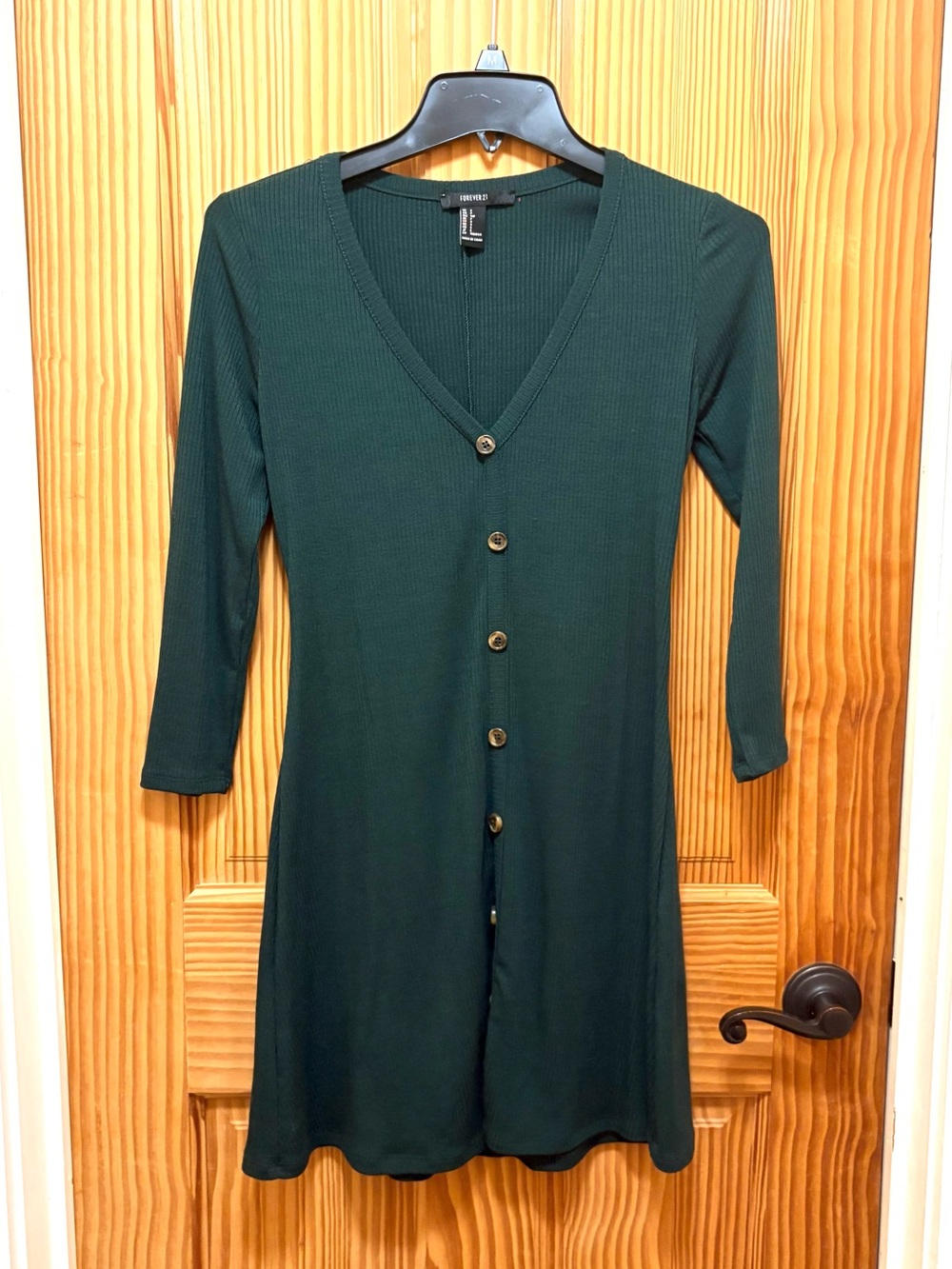 Forever 21 Dark Green Ribbed Button-Front Dress Size Small